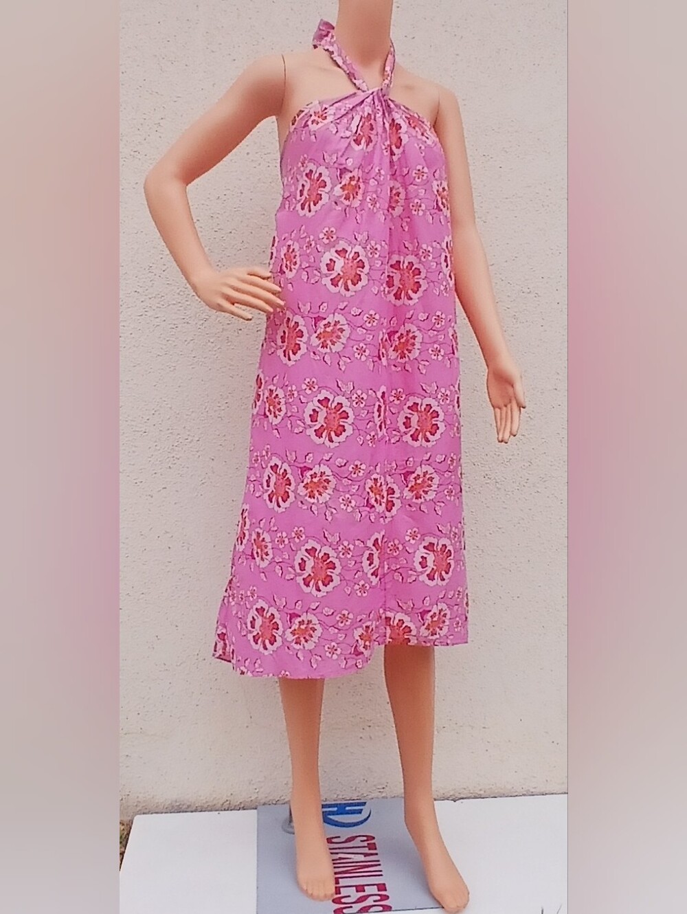 J.Crew Floral Halter Dress Pink Open Back 100% Cotton Size XS Re-Imagined